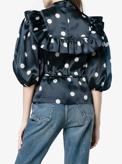 Shop Ganni Polka Dot Satin Blouse In Blue