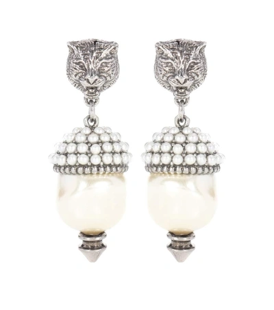Shop Gucci Feline Earrings With Faux Pearls In Silver