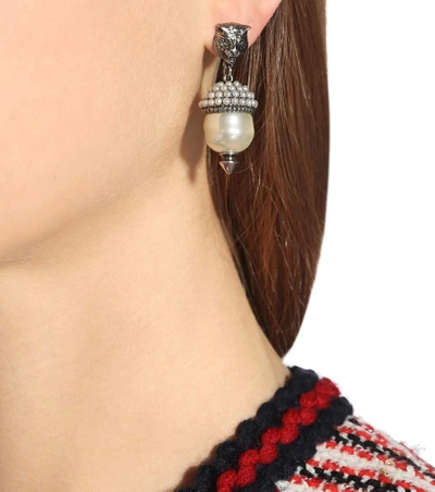 Shop Gucci Feline Earrings With Faux Pearls In Silver