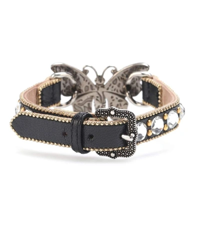 Shop Gucci Embellished Leather Bracelet In Black