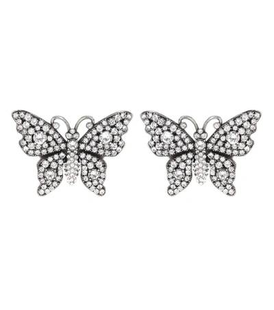 Shop Gucci Crystal Butterfly Earrings In Silver