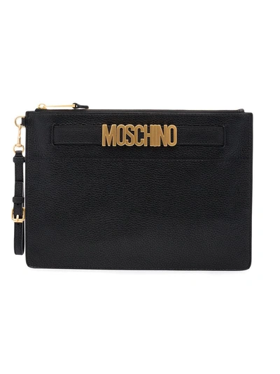 Shop Moschino Black Logo Leather Pouch