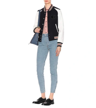 Shop Coach Leather-trimmed Bomber Jacket In Blue