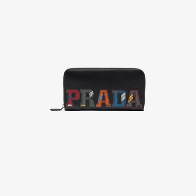 Shop Prada Leather Logo Zip Wallet In Black