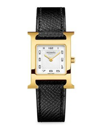 Shop Hermès Watches Heure H 21mm Goldplated & Leather Strap Watch In Black