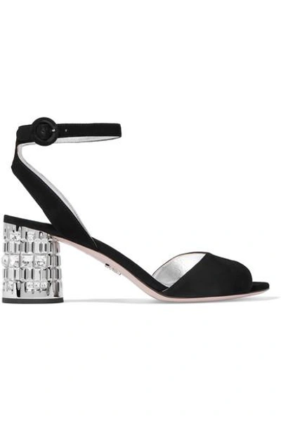 Shop Prada Crystal-embellished Suede Sandals In Black