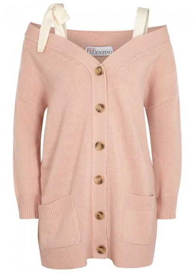 Shop Red Valentino Blush Off-the-shoulder Wool Cardigan In Light Pink