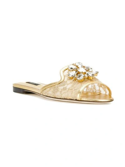 Shop Dolce & Gabbana Lace Slippers With Crystal Embellishments In Metallic