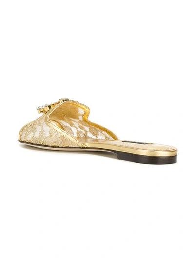 Shop Dolce & Gabbana Lace Slippers With Crystal Embellishments In Metallic
