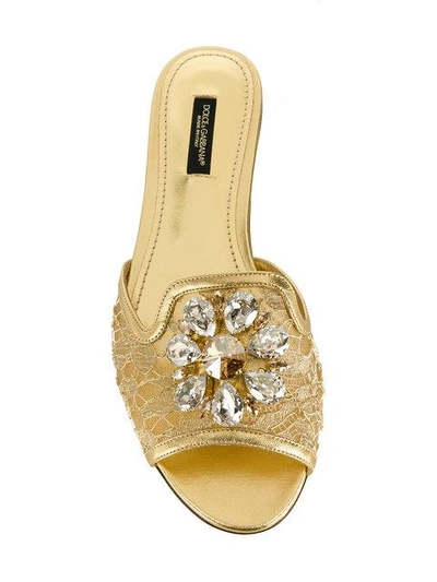 Shop Dolce & Gabbana Lace Slippers With Crystal Embellishments In Metallic