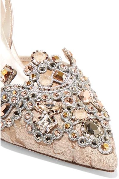 Shop René Caovilla Veneziana Embellished Lace And Satin Slingback Pumps In Beige