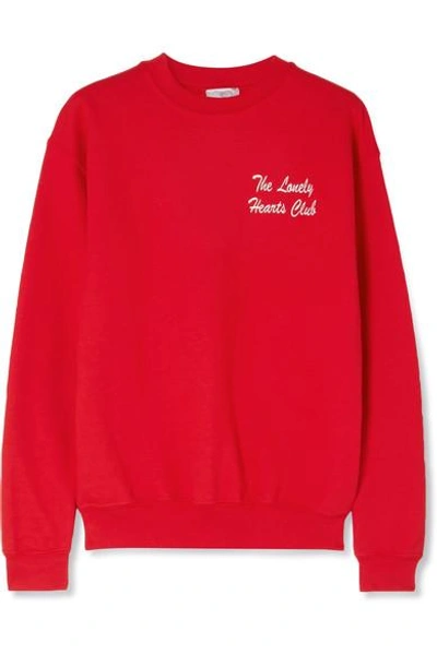 Shop Double Trouble Gang The Lonely Hearts Club Embroidered Cotton-blend Jersey Sweatshirt In Red