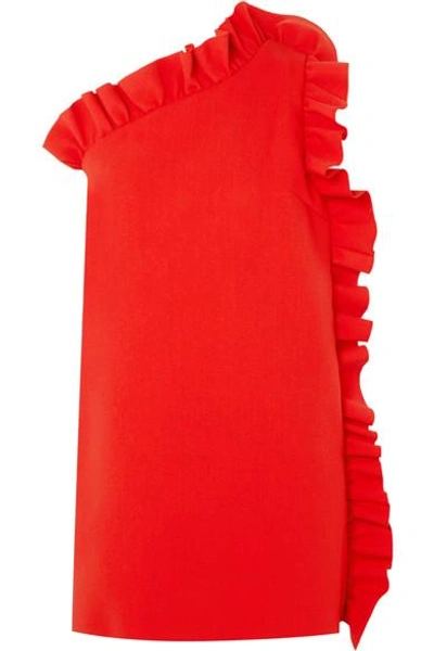 Shop Msgm One-shoulder Ruffled Crepe Mini Dress In Red