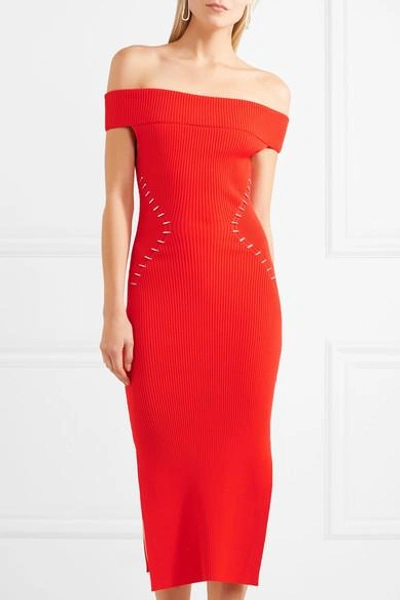 Shop Mugler Off-the-shoulder Embellished Ribbed-knit Dress In Red