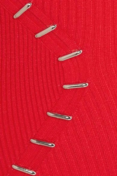 Shop Mugler Off-the-shoulder Embellished Ribbed-knit Dress In Red