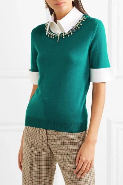 Shop Mary Katrantzou Ella Embellished Layered Cotton-blend Poplin And Wool Sweater In Emerald