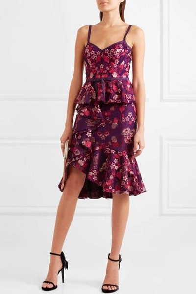 Shop Marchesa Notte Ruffled Embroidered Tulle And Jersey Dress In Purple