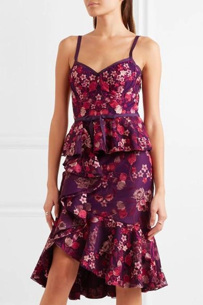 Shop Marchesa Notte Ruffled Embroidered Tulle And Jersey Dress In Purple