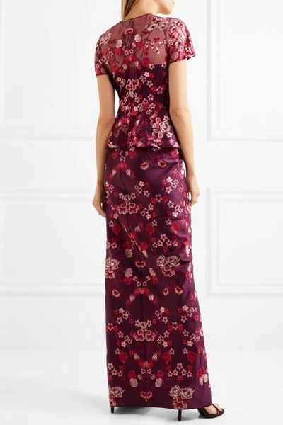 Shop Marchesa Notte Ruffled Embroidered Tulle And Jersey Gown In Purple