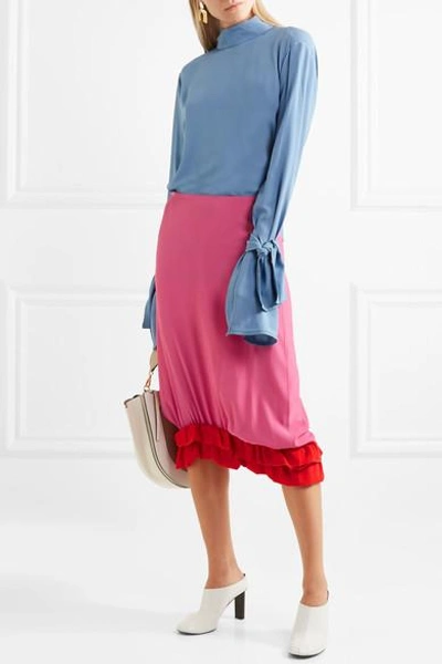 Shop Marni Ruffled Crepe De Chine Midi Skirt In Pink