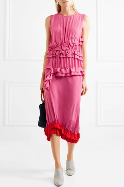 Shop Marni Ruffled Crepe De Chine Midi Skirt In Pink