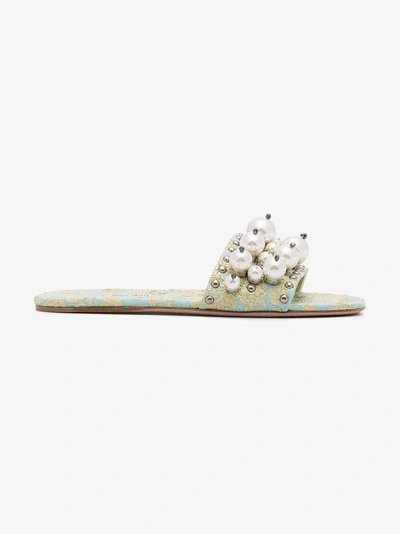 Shop Miu Miu Cloquet Slippers With Pearl Embellishment In Blue