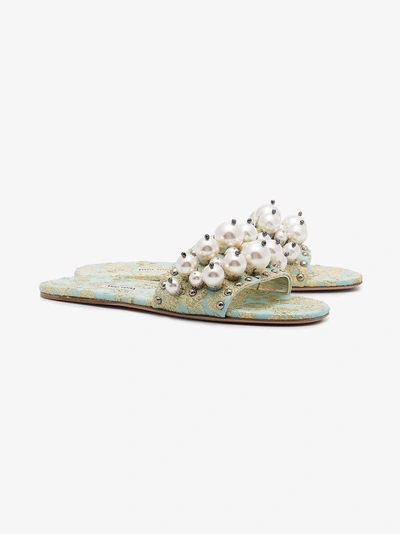 Shop Miu Miu Cloquet Slippers With Pearl Embellishment In Blue