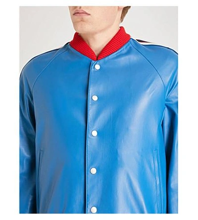 Shop Gucci Patch-appliquéd Leather Bomber Jacket In Blue Ivory