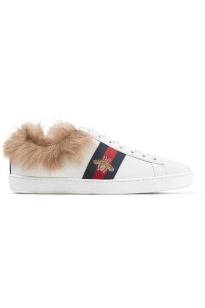 Shop Gucci Ace Shearling-lined Embroidered Leather Sneakers