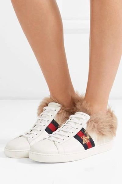 Shop Gucci Ace Shearling-lined Embroidered Leather Sneakers