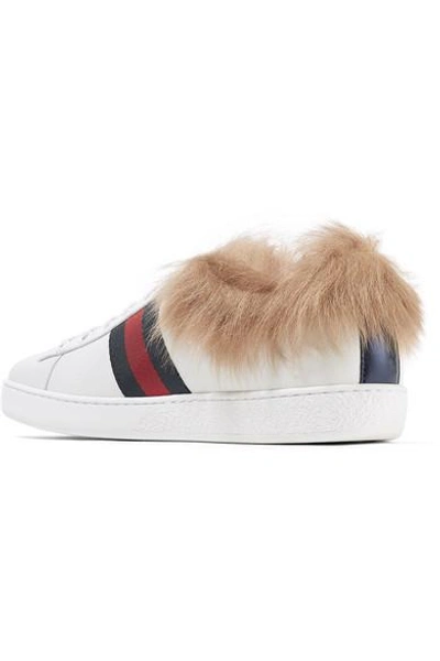 Shop Gucci Ace Shearling-lined Embroidered Leather Sneakers