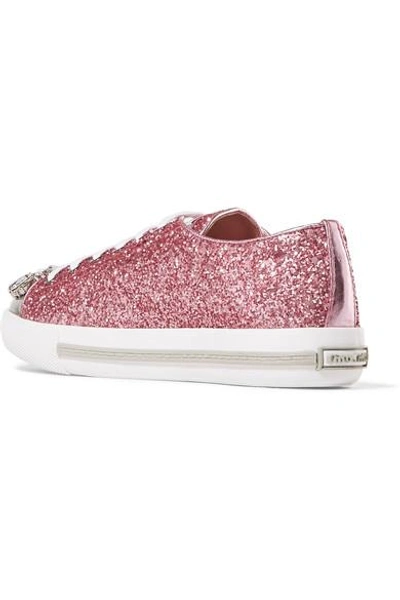 Shop Miu Miu Crystal-embellished Glittered Leather Sneakers In Pink