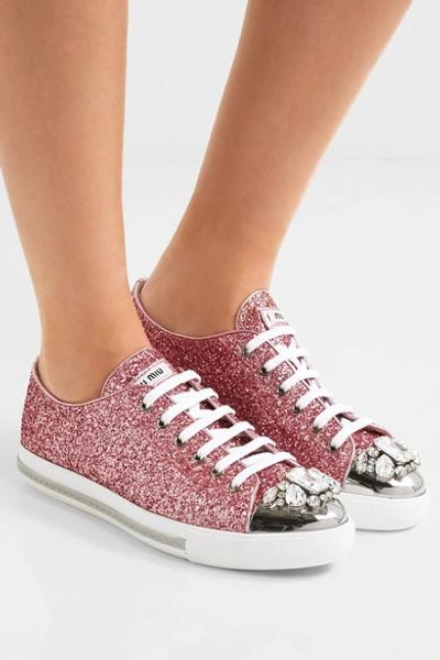 Shop Miu Miu Crystal-embellished Glittered Leather Sneakers In Pink