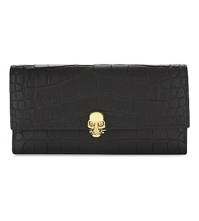 Shop Alexander Mcqueen Skull Croc-embossed Leather Wallet In Black