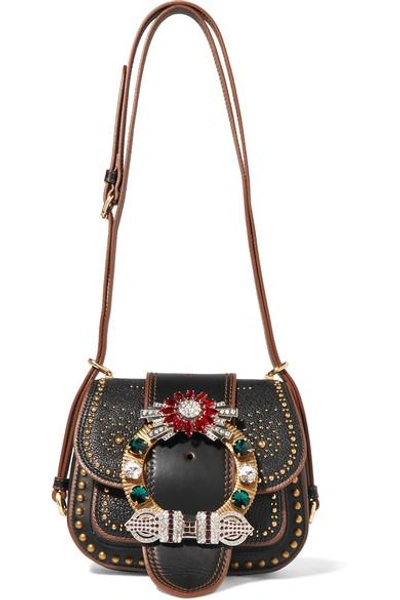 Shop Miu Miu Dahlia Embellished Textured-leather Shoulder Bag In Black
