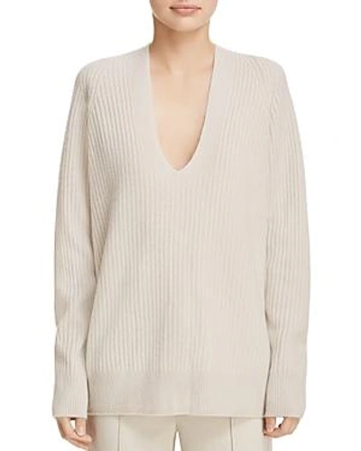 Shop Vince Ribbed Double V-neck Sweater In Chalet
