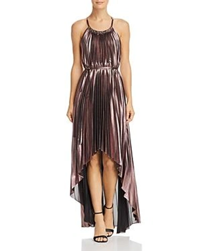 Shop Bcbgmaxazria Pleated Halter Dress In Rose Gold Combo