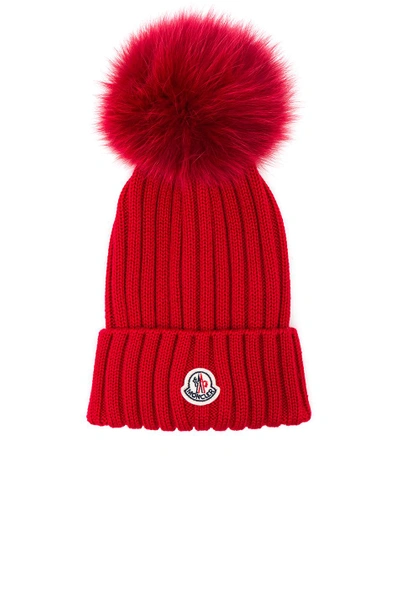 Shop Moncler Berretto Beanie With Fox Fur Pom In Red