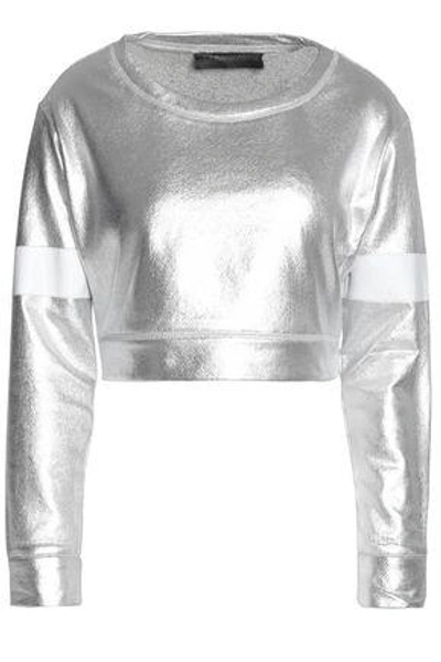 Shop Norma Kamali Woman Cropped Metallic-coated Cotton-blend Terry Top Silver