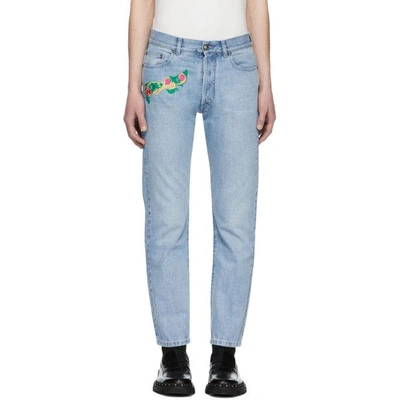 Shop Versace Blue Embroidered Cropped Jeans In A812 Blue