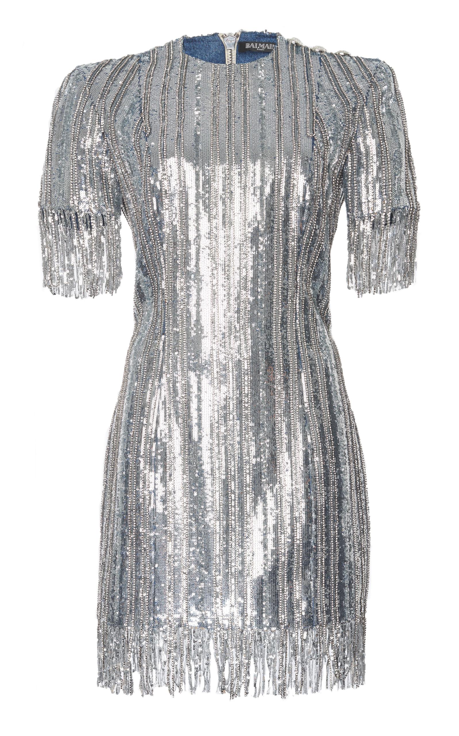 Balmain Sequin Fringe Embellished Dress In Silver | ModeSens