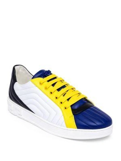 Shop Versace Quilted Leather Sneakers In Navy Whtie