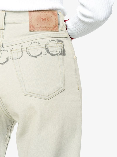 Shop Gucci Bleach Wash Logo Straight Leg Jeans In Blue
