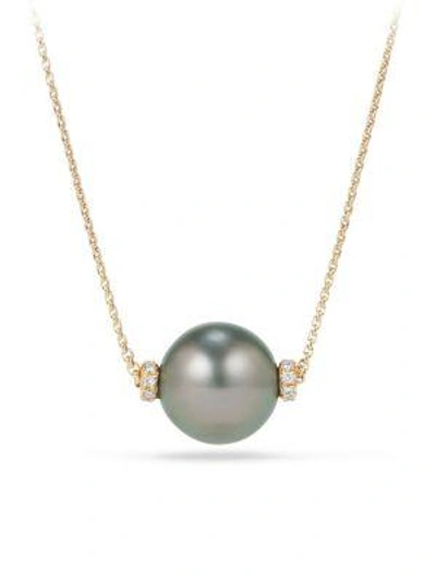 Shop David Yurman Solari 12mm Tahitian Pearl Necklace With Diamonds In 18k Gold In Tahitian Grey Pearl