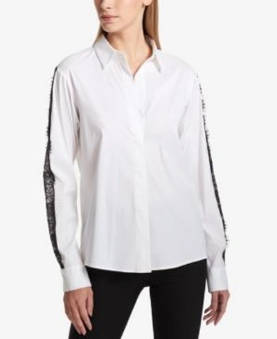 Shop Dkny Lace-trim Button-front Shirt In White/black