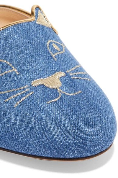 Shop Charlotte Olympia Kitty Embroidered Denim Slippers In Light Denim