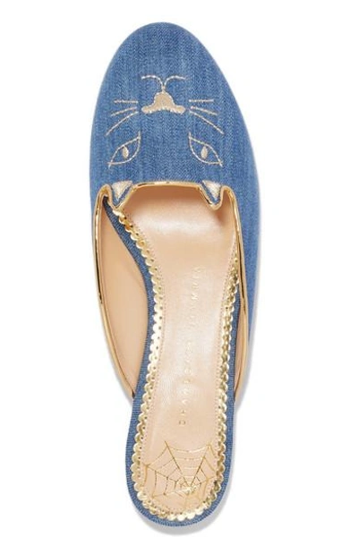 Shop Charlotte Olympia Kitty Embroidered Denim Slippers In Light Denim