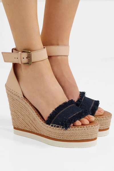 Shop See By Chloé Leather And Denim Espadrille Wedge Sandals In Dark Denim