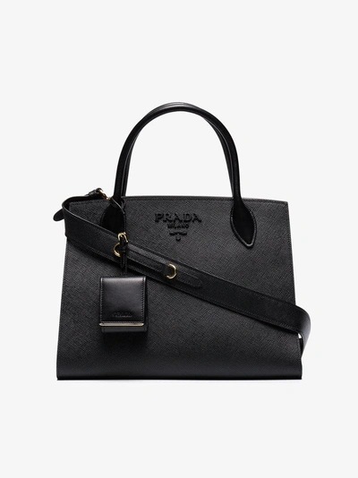 Shop Prada Black Monogram Leather Tote Bag