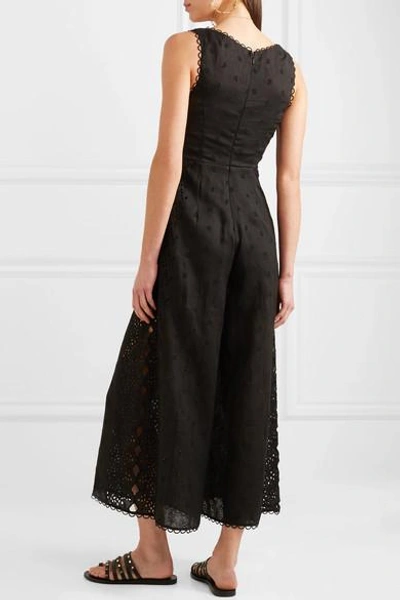 Shop Zimmermann Broderie Anglaise Cotton-trimmed Linen Jumpsuit In Black